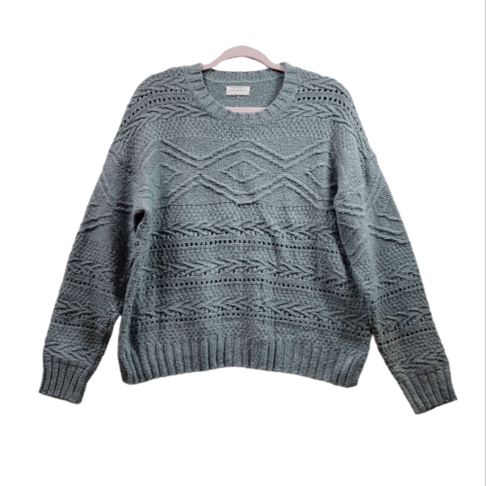 Lucky Brand Cable Knit Sweater Mint Eyelet Crew Neck Size L